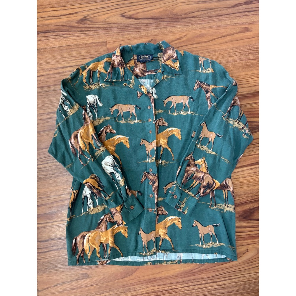 British Khaki Robert Lighton Horse Print Rayon Shirt Green Western Equestrian 10